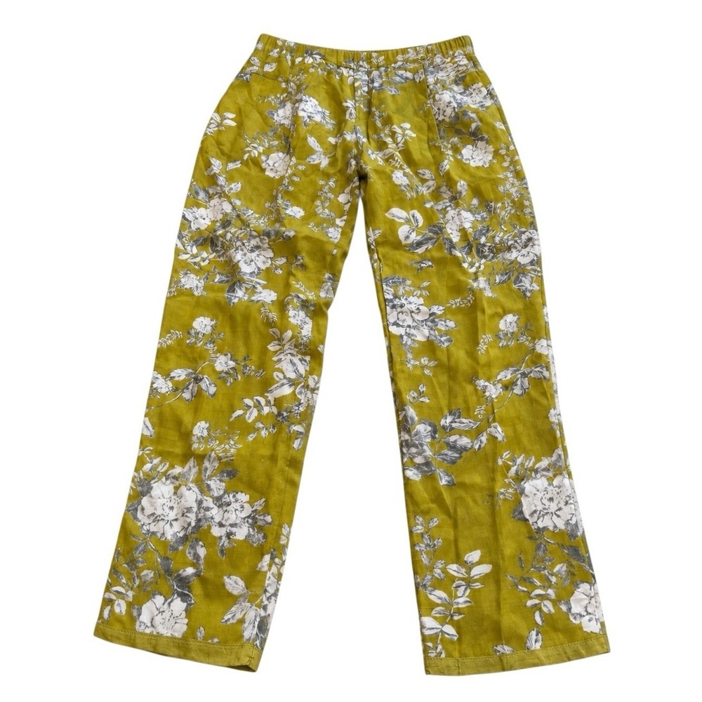 Elevenses Anthropologie Lime Green Floral Straight Crop Pull On Pants Size 4